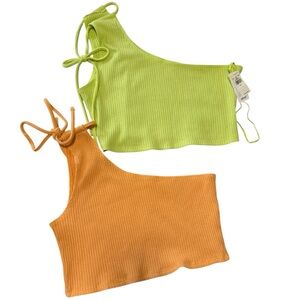 aerie One-Shoulder Ribbed Crop Top - Green and Orange